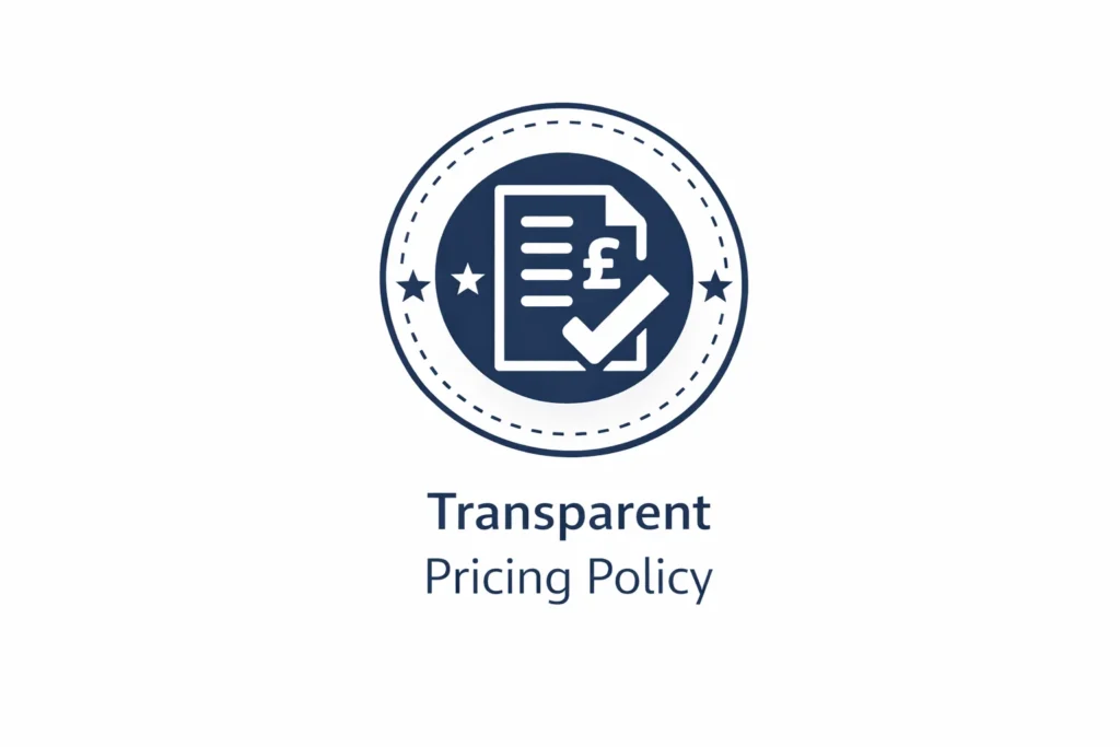 Transparent Pricing Policy badge representing clear quotes and no hidden costs
