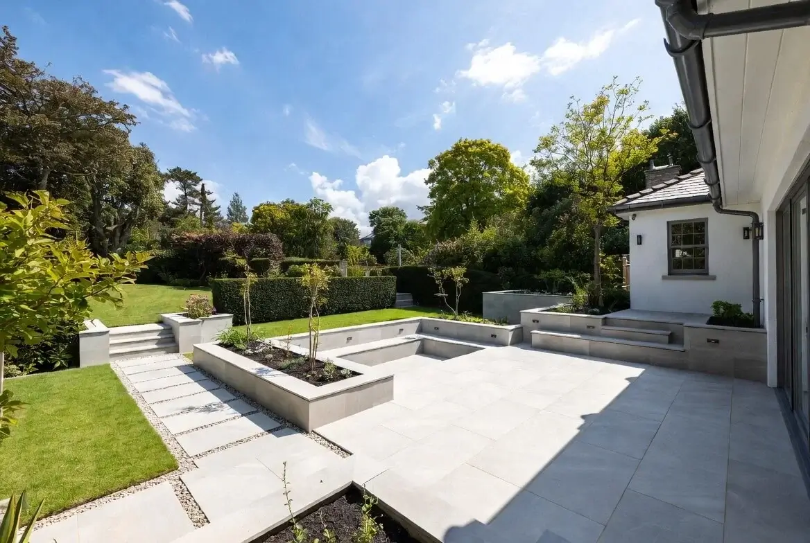 High-end landscaped garden in Berkshire with patio, pathways and structured outdoor design