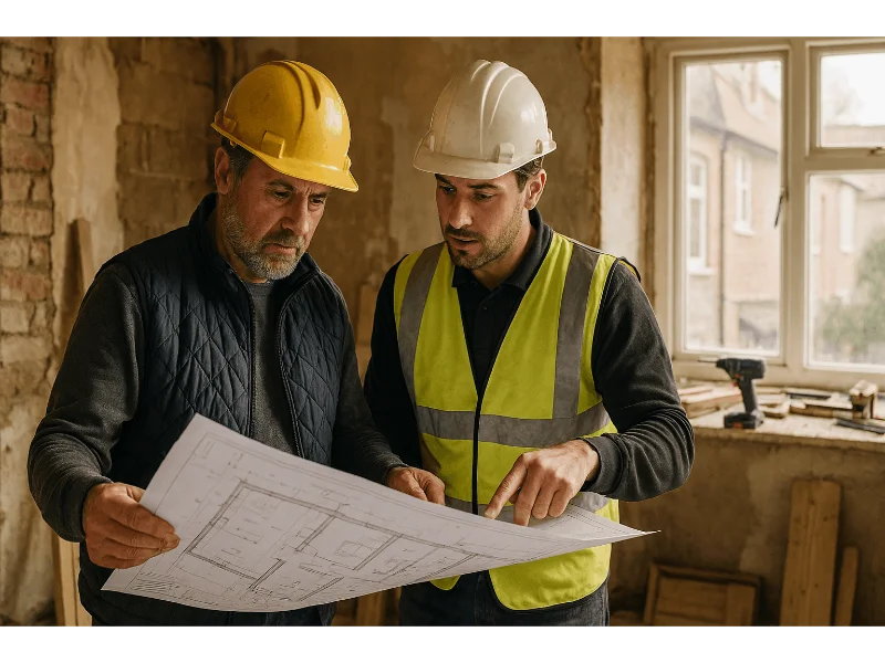 Two professional builders reviewing house extension plans