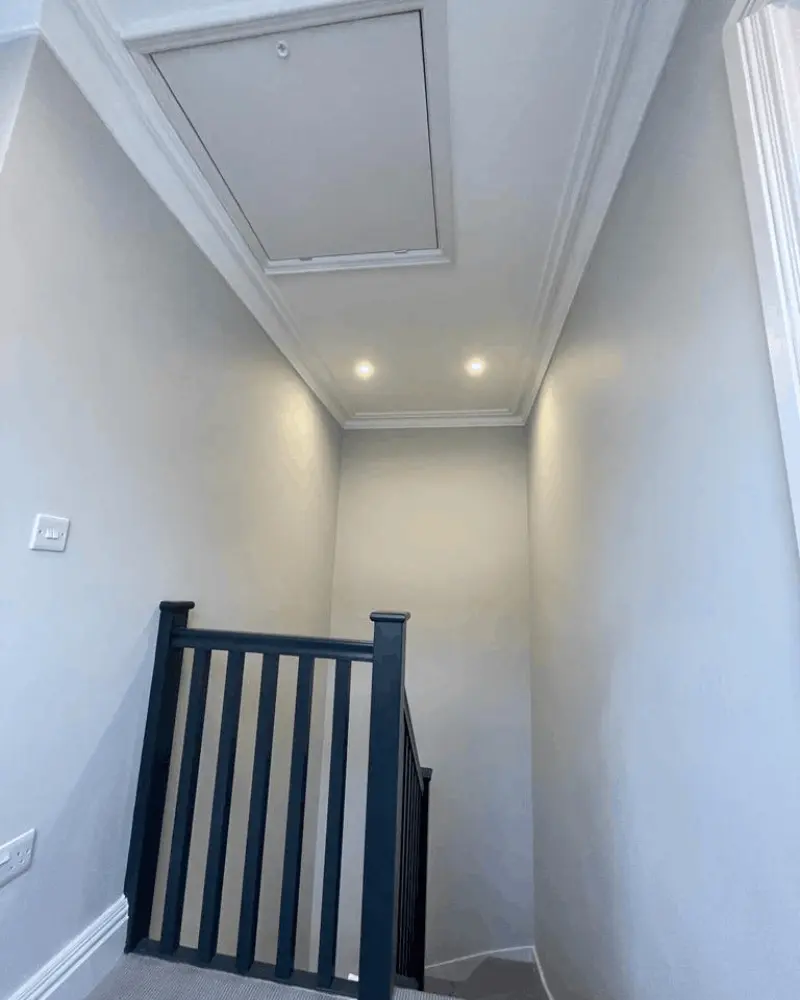 Hallway renovation with staircase upgrade, recessed lighting and loft access in Berkshire