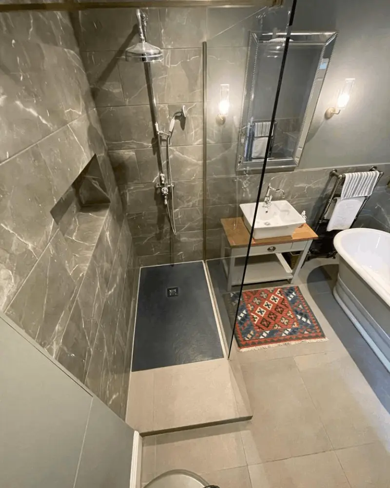 Modern bathroom renovation with walk-in shower and tiled walls in Berkshire