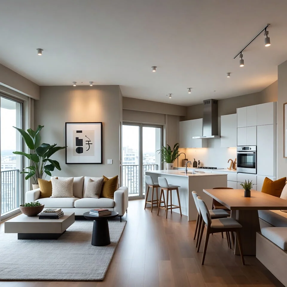 Modern open plan living room and kitchen after home improvement renovation in Berkshire