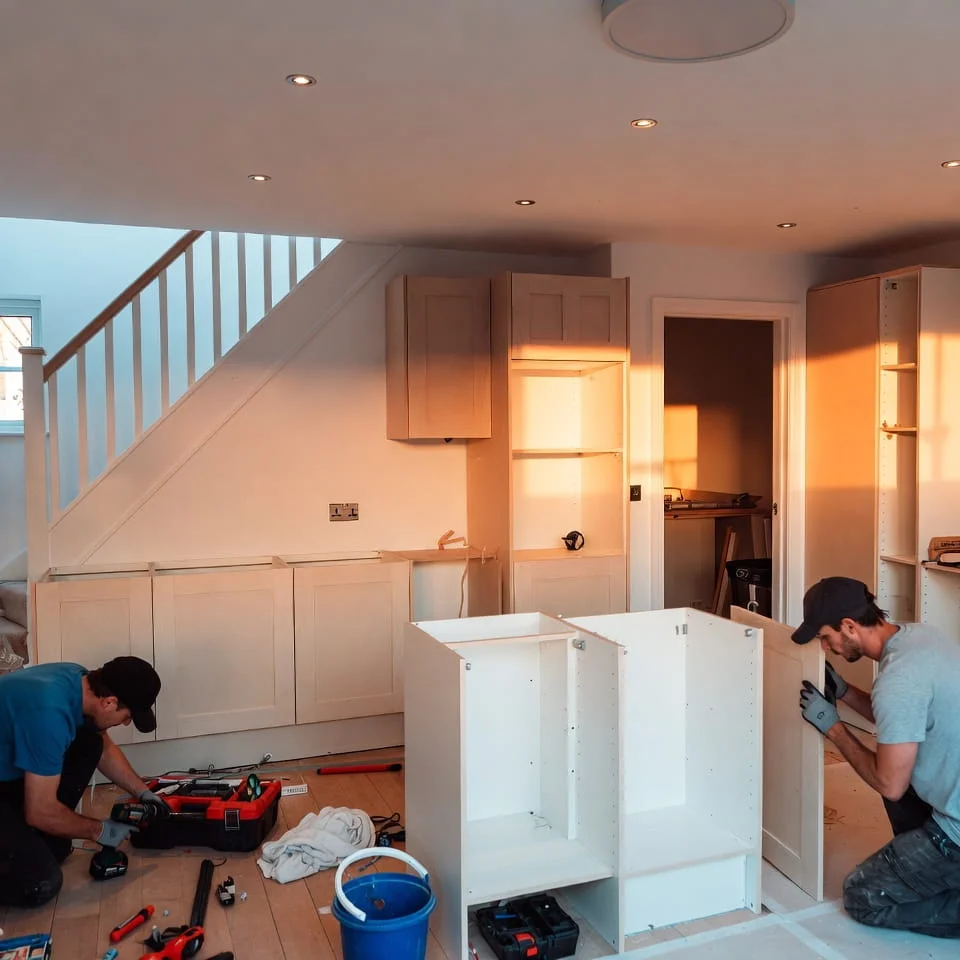 Builders installing interior cabinets during a residential property renovation project in Berkshire