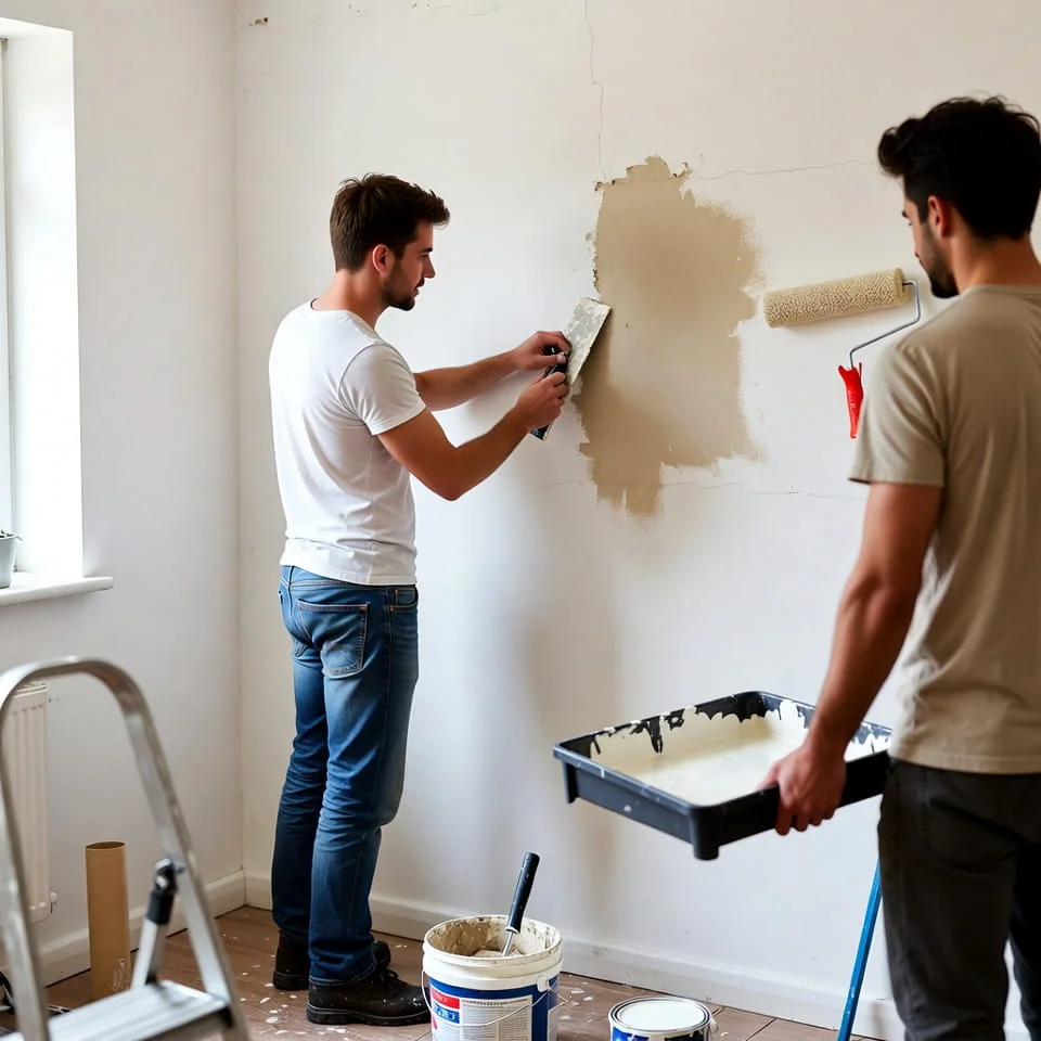 Contractors repairing and plastering an interior wall during a home refurbishment in Berkshire