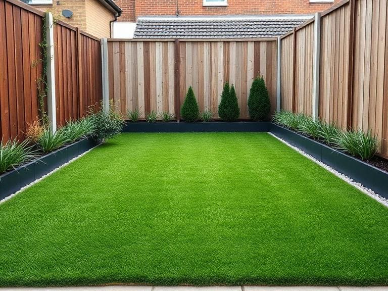 Artificial grass installation in Berkshire garden with wooden fencing, raised borders, and low-maintenance landscaping design