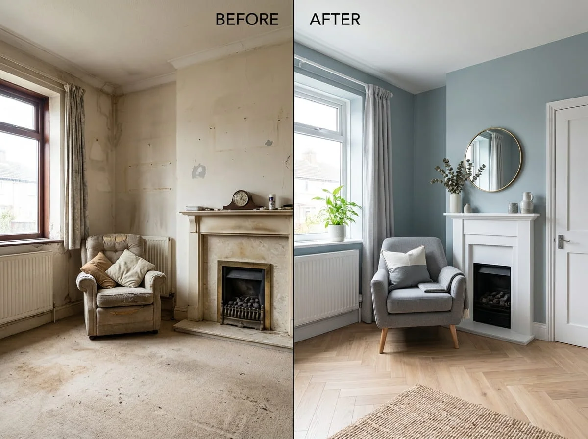 Before and after interior painting of a Berkshire home showing transformation from worn walls to clean modern finish
