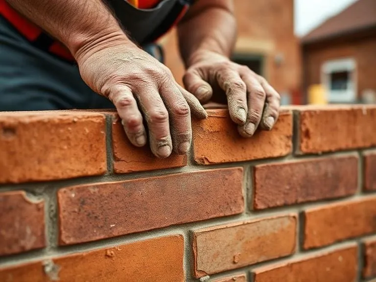 Close-up of builder laying bricks during new build construction in Reading Berkshire