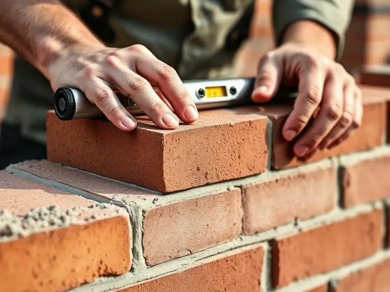 Professional bricklaying work with level tool for wall construction in Maidenhead Berkshire