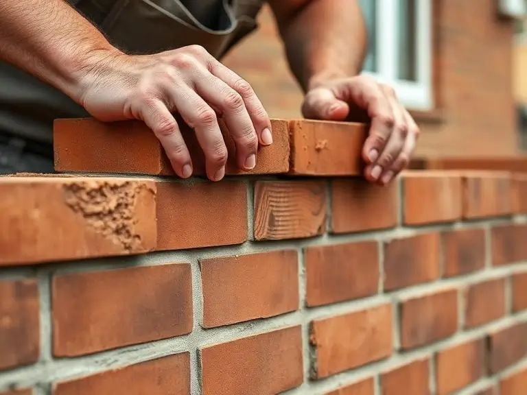 Hands laying bricks in construction.