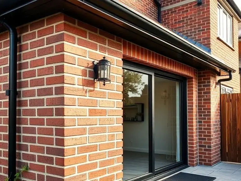 Close up of brickwork and sliding door frame on a house extension in Windsor Berkshire