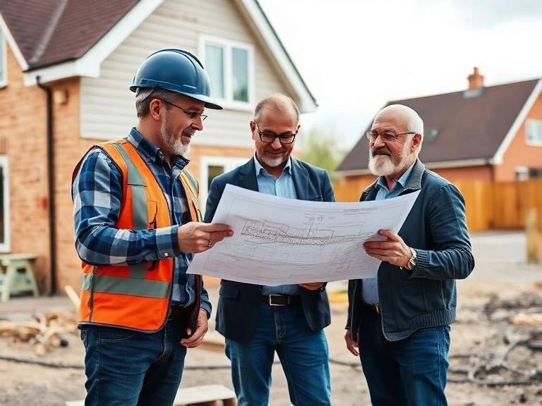 Builders reviewing construction plans on site in Windsor Berkshire during a residential project