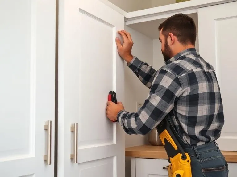 Handyman repairing kitchen cabinet door in Reading as part of home maintenance service