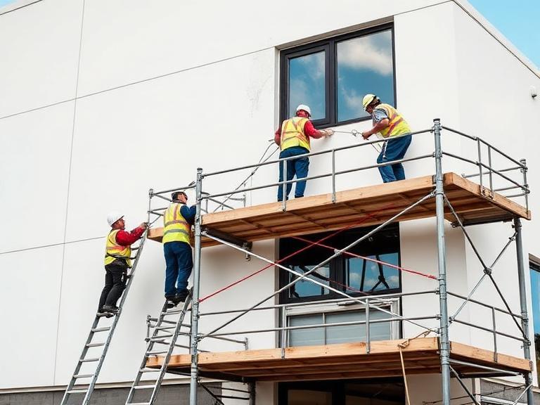 Team of painters working on exterior of commercial building in Berkshire using scaffolding and ladders