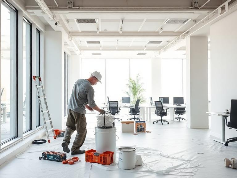 Painter preparing and decorating a modern office space in Berkshire with clean setup and protected flooring