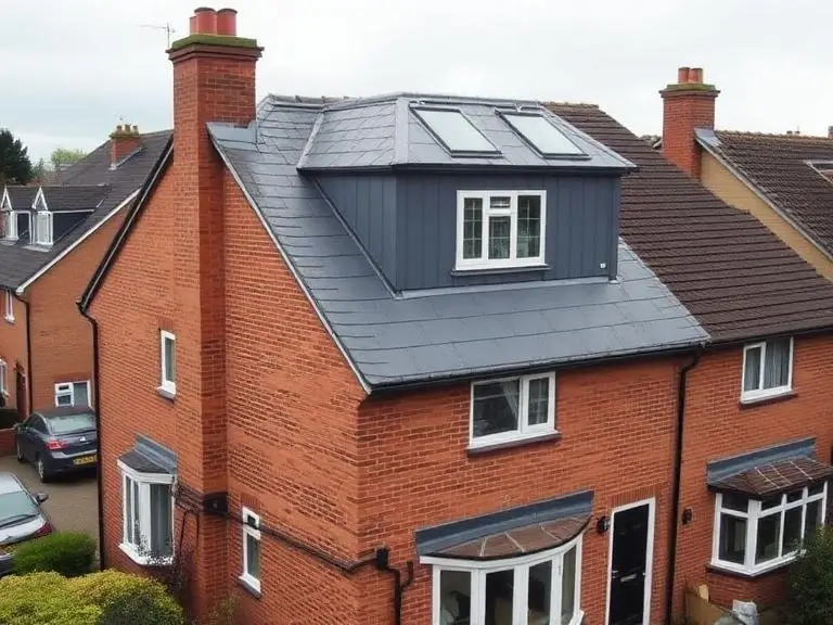 Completed dormer loft conversion on a red brick semi-detached house in Maidenhead, Berkshire, with grey zinc cladding and Velux roof windows
