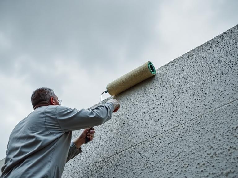 Painter applying exterior coating on textured wall in Berkshire using roller under cloudy sky