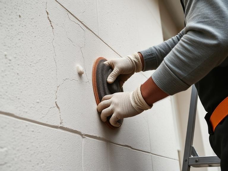Worker sanding cracked exterior wall in Berkshire property to prepare surface before painting