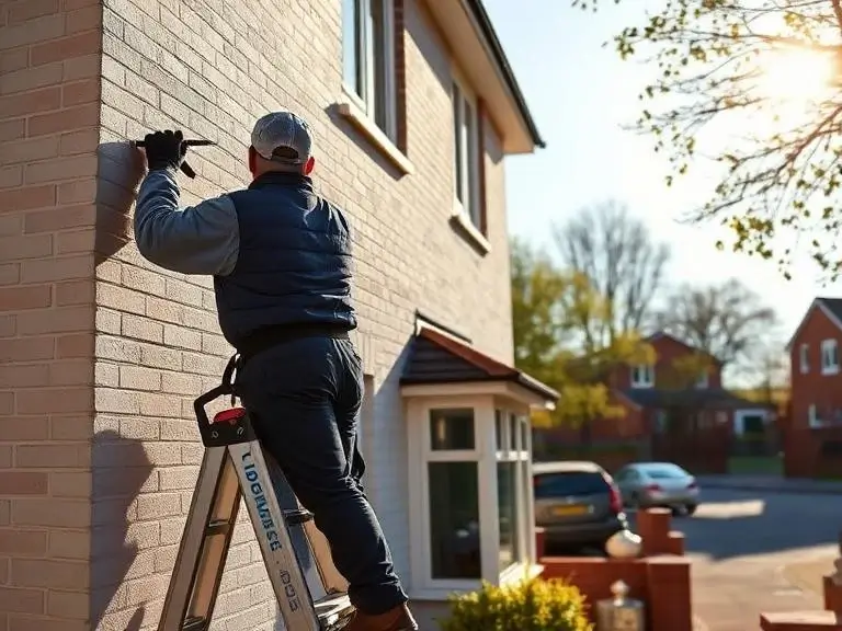 Contractor working on exterior wall repair and maintenance using ladder in Maidenhead