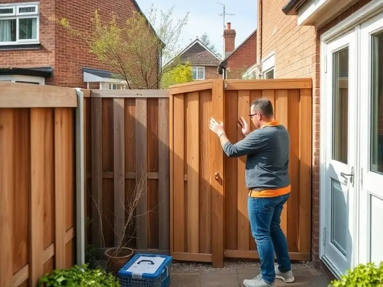 Fence installation work in Windsor Berkshire showing worker fitting wooden garden panels