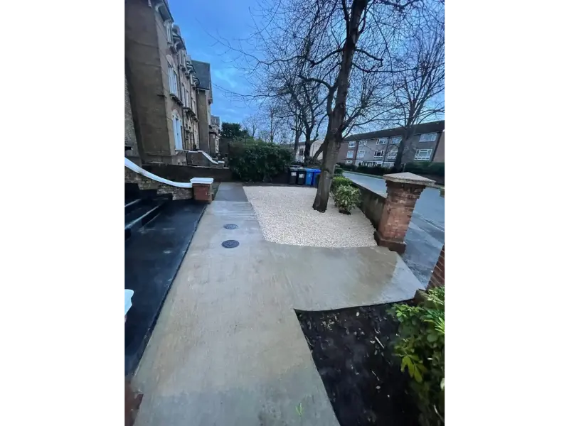 Completed front driveway with concrete pathway and gravel landscaping in Berkshire