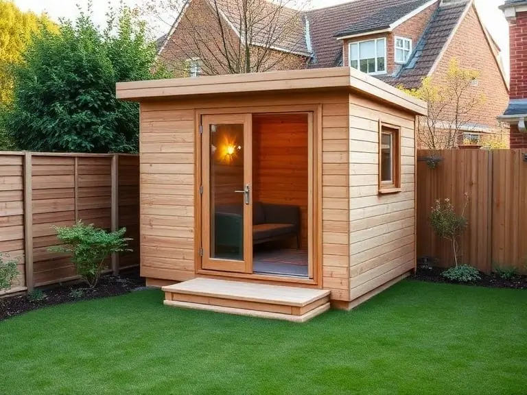 Completed timber garden office in the rear garden of a residential home in Maidenhead, Berkshire, with glazed door and flat roof design