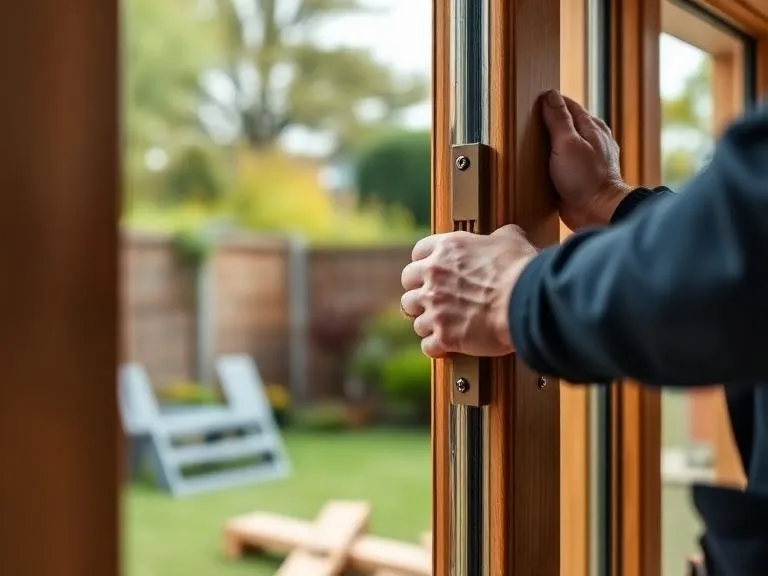 Close-up of builder installing wooden door frame on garden office in Reading Berkshire