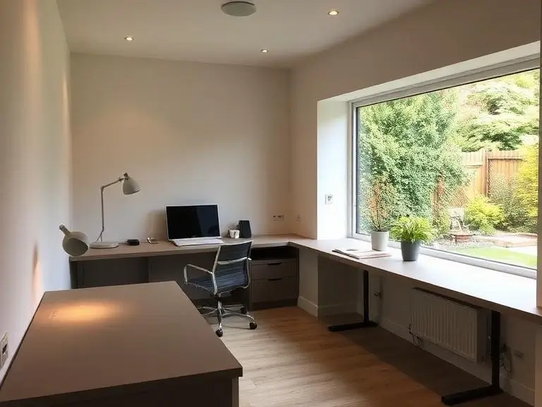 Finished garden office interior in a Maidenhead residential property with fitted desk, large picture window overlooking the garden, and oak flooring