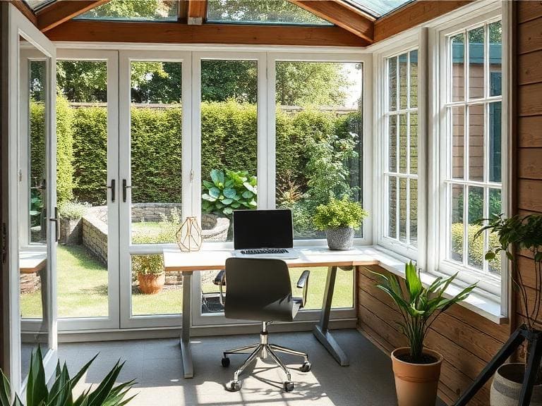 Garden office interior in Reading Berkshire RG6 with desk setup and natural light workspace
