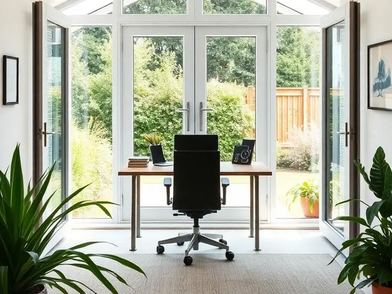 Interior of garden office in Windsor home with desk setup and natural light