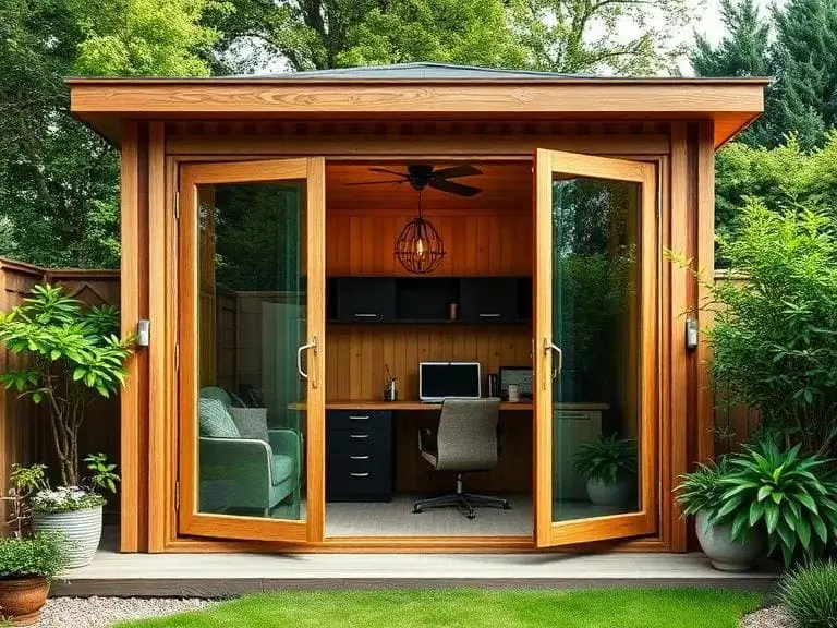 Modern garden office in Reading backyard with glass doors and workspace setup inside