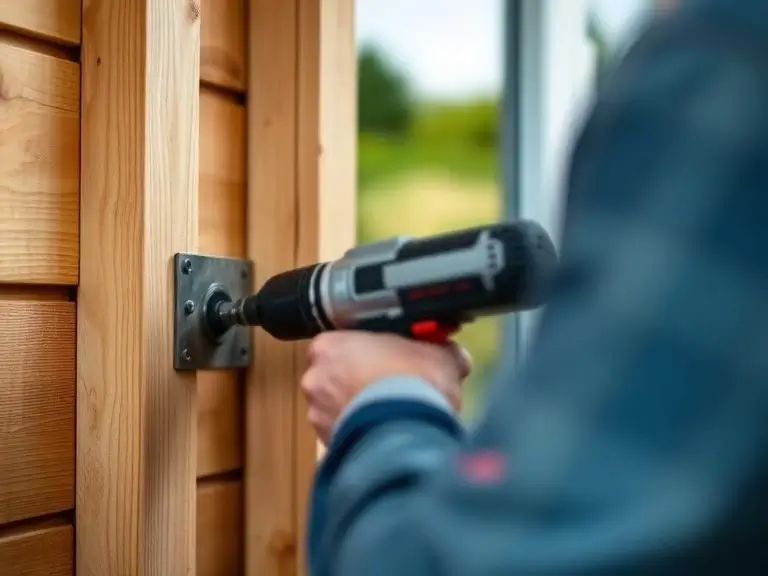 Carpenter using a cordless drill to fix timber cladding on a garden office build in Maidenhead, Berkshire