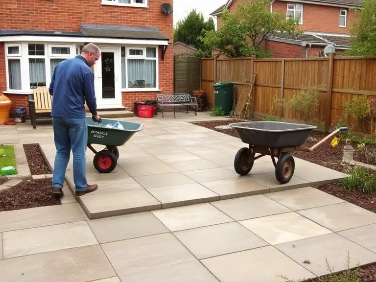 Ongoing garden patio construction with slabs and wheelbarrow in residential property Maidenhead