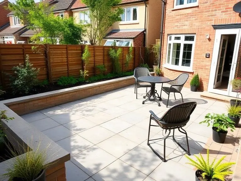 Garden patio seating area in Windsor home with paving and outdoor furniture