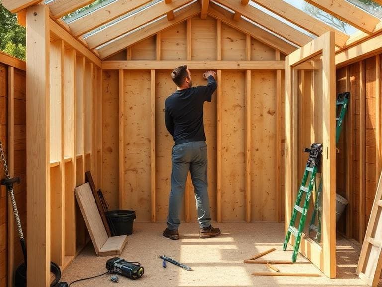 Garden room construction in Berkshire UK with timber frame and insulation work in progress