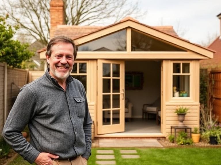 Homeowner standing outside a finished garden room in Berkshire UK with wooden structure and outdoor space
