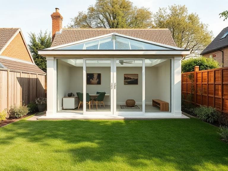 Garden room installation in Woodley Reading RG5 Berkshire with glass doors and modern backyard setup