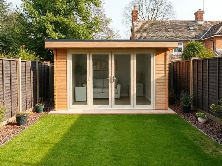 Garden room office in Windsor Berkshire backyard with wooden exterior and glass doors