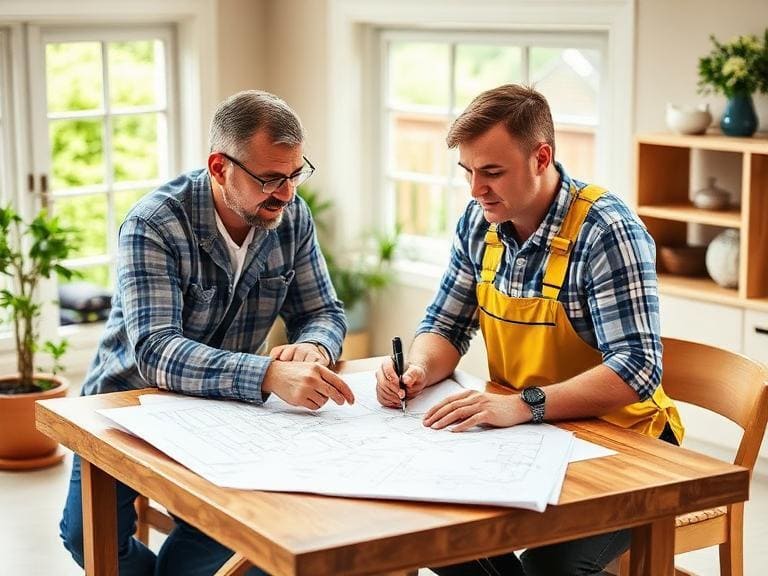 Garden room planning consultation in Berkshire UK with contractor and homeowner reviewing design plans