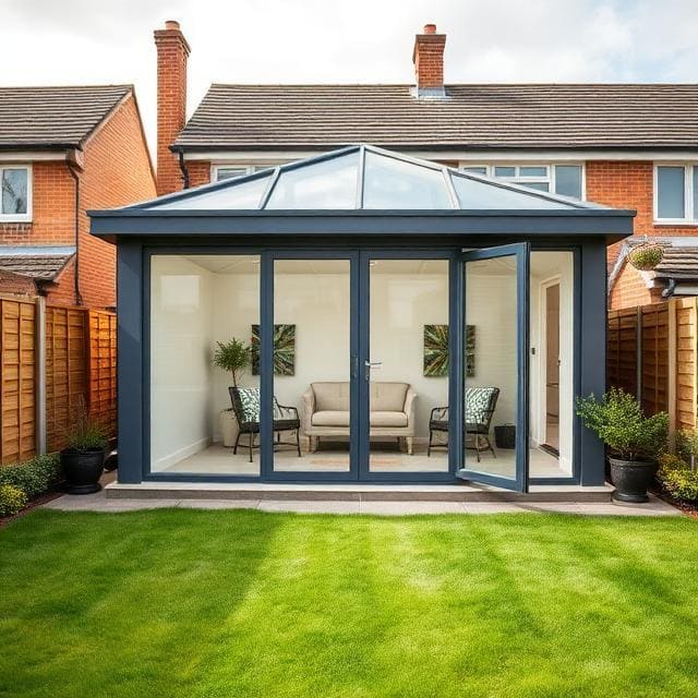 Modern garden room installation in Berkshire with glass doors, landscaped lawn, and outdoor living space in residential garden