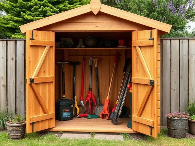 Wooden garden shed in Berkshire UK with tools and outdoor storage space