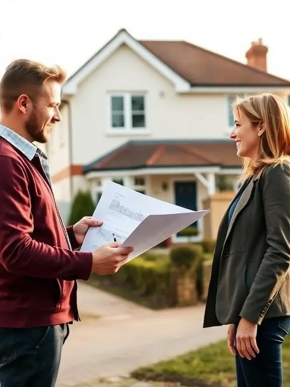 Builder discussing home renovation plans with client outside house in Maidenhead Berkshire