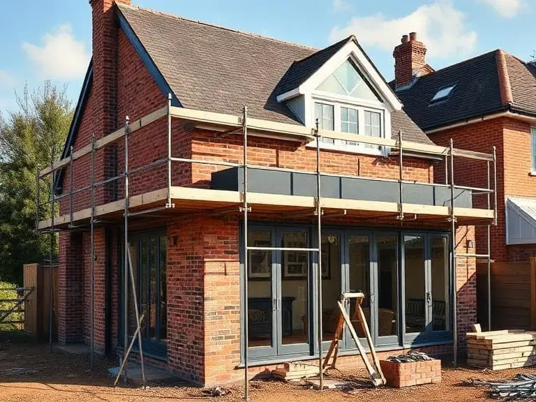 House extension construction in Reading Berkshire showing brickwork and scaffolding by professional builders
