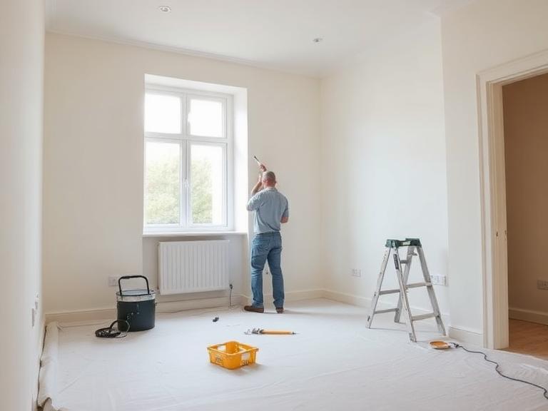Painter decorating an empty room in a Berkshire home with clean walls and protected flooring during interior painting work