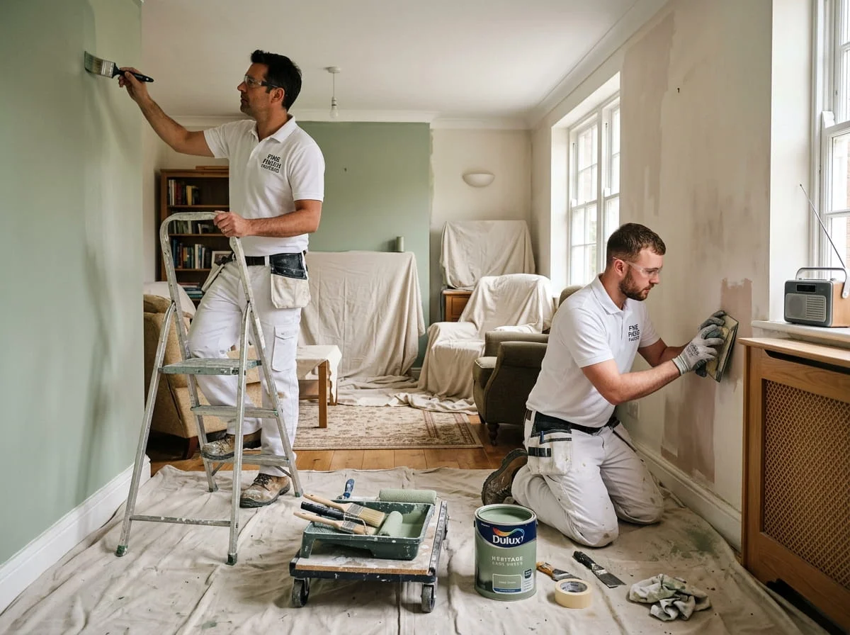 Two painters working inside a Berkshire home preparing and painting walls with clean setup and protected furniture