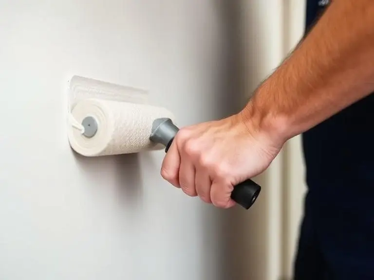 Close up of painting work in Windsor UK showing roller applying paint on interior wall