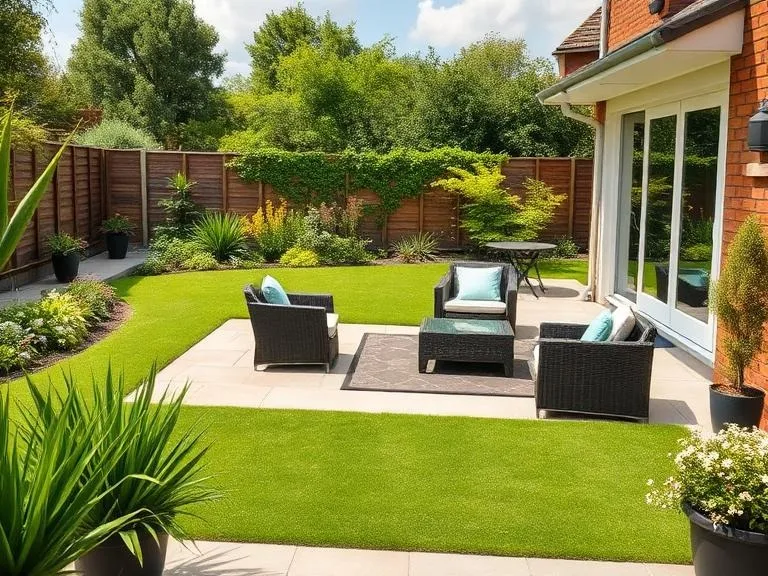 Beautiful landscaped garden in Reading with lawn, patio seating area and modern outdoor design