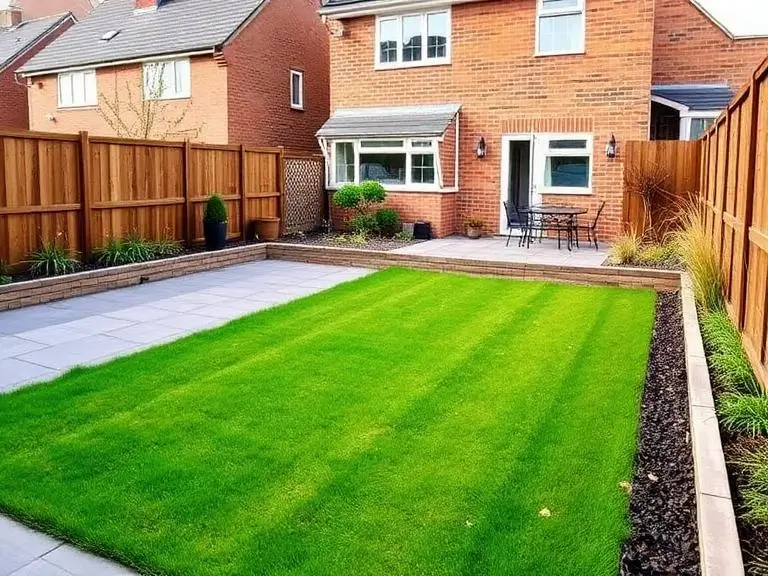 Landscaped garden in Windsor Berkshire with lawn area and paved patio in residential home