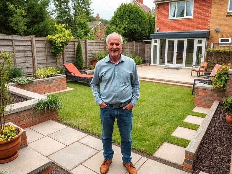 Happy homeowner standing in newly landscaped Berkshire garden with patio, lawn, and modern outdoor design