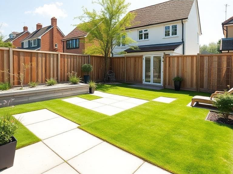 Modern landscaped garden in Berkshire with porcelain patio, artificial grass lawn, and wooden fencing in residential property