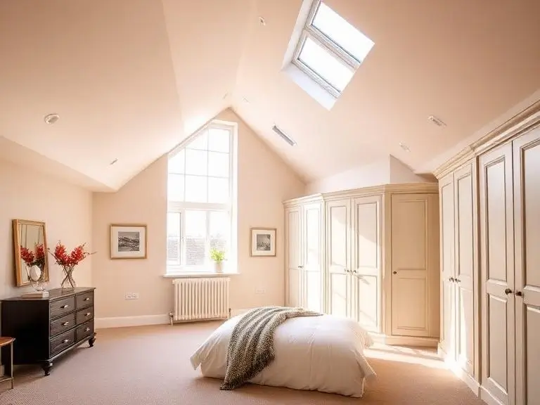 Bright finished loft conversion bedroom in a Maidenhead home with vaulted ceiling, Velux skylight, and fitted wardrobes